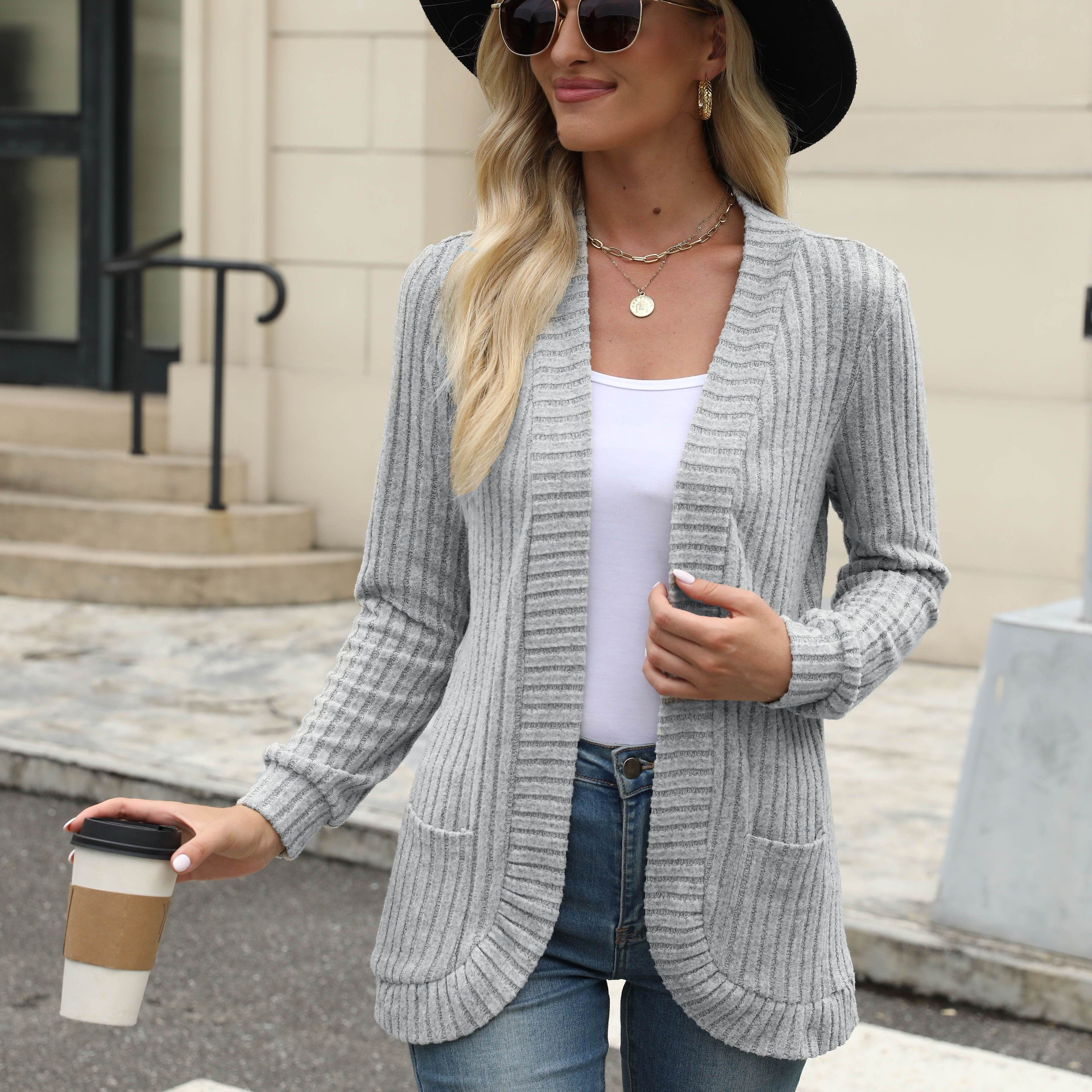 Lotte | Cardigan de Cor Sólida com Abertura Frontal e Bolsos