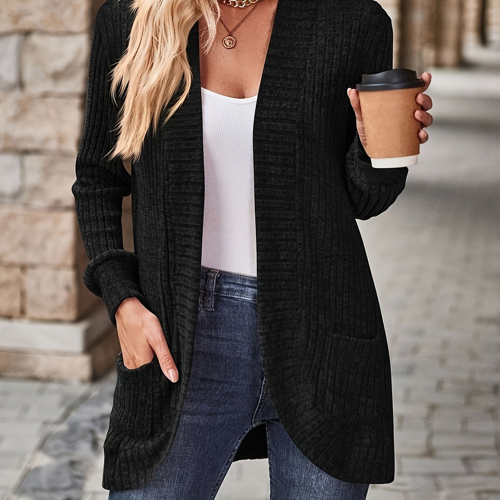 Lotte | Cardigan de Cor Sólida com Abertura Frontal e Bolsos