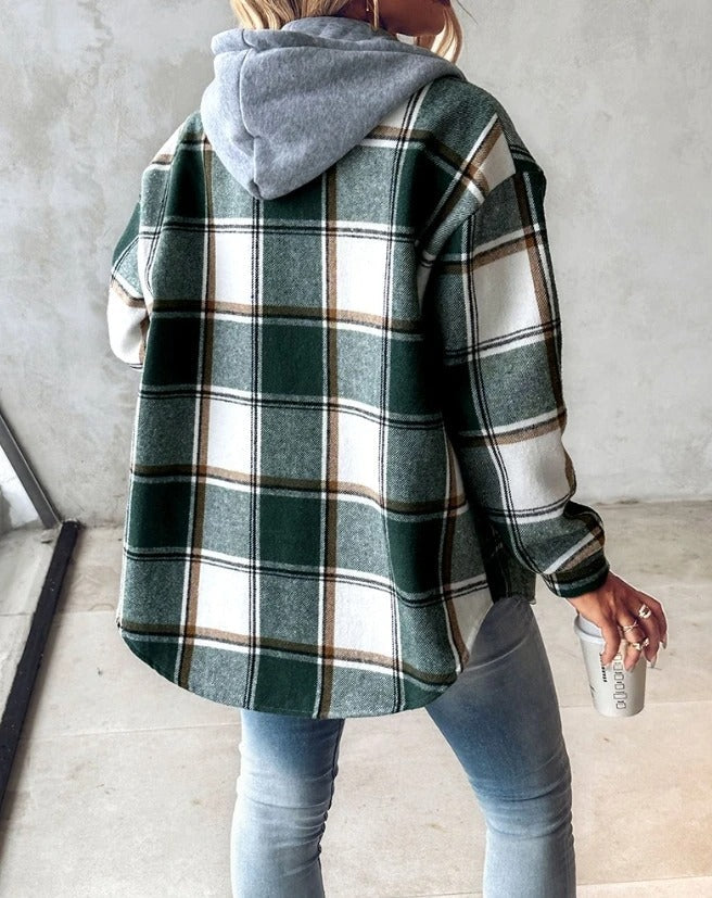 Casaco Casual Feminino com Capuz e Estampa Xadrez - Perfeito para o Outono