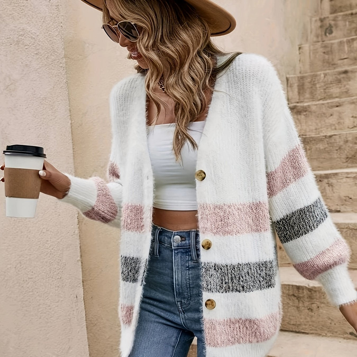 Nina | Cardigan de Tricô em Cores Contrastantes com Decote em V