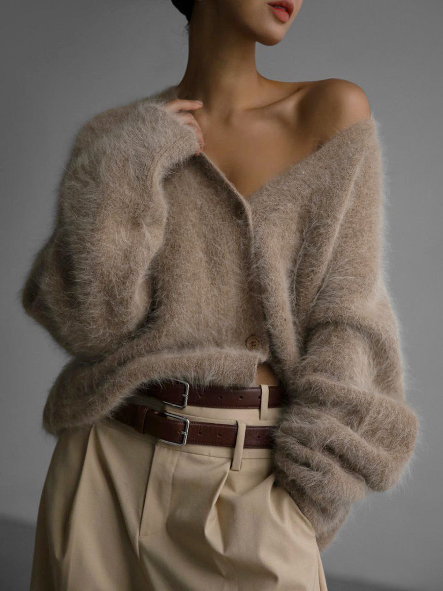 Cardigan Fluffy Oversized com Decote em V Feminino