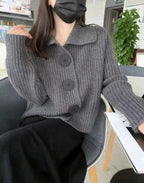 Women's Lined Wool Sweater with Reverse Collar and Button Detail