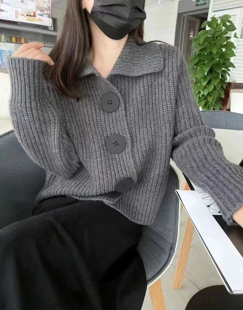 Women's Lined Wool Sweater with Reverse Collar and Button Detail