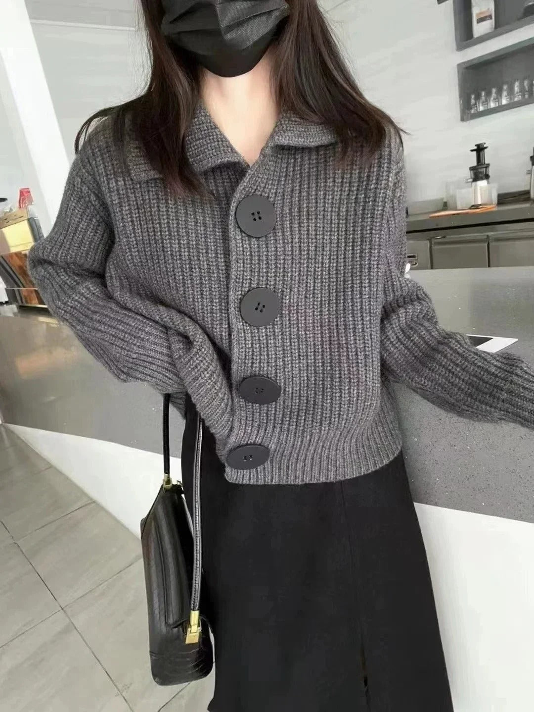 Women's Lined Wool Sweater with Reverse Collar and Button Detail