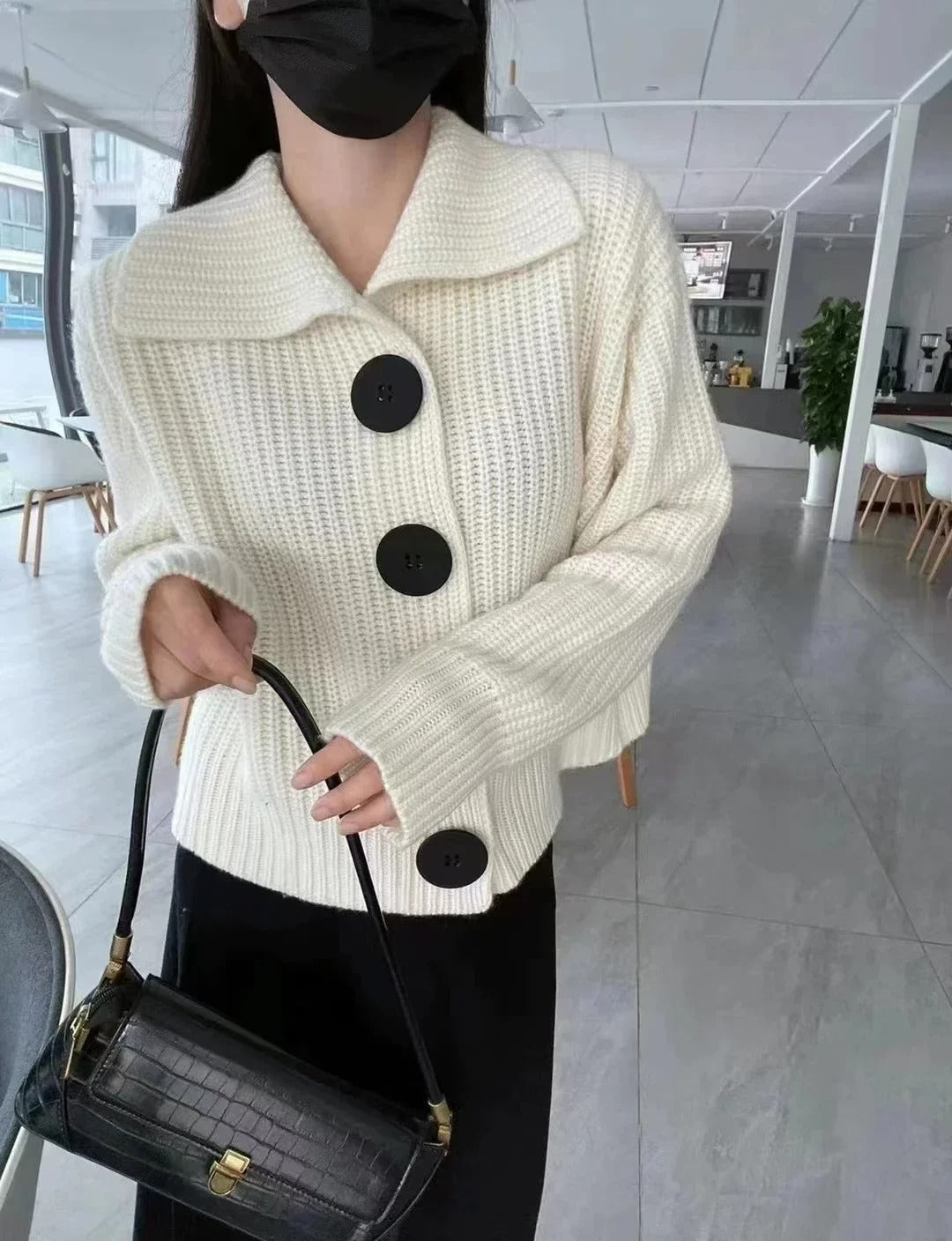 Women's Lined Wool Sweater with Reverse Collar and Button Detail