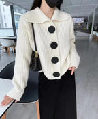 Women's Lined Wool Sweater with Reverse Collar and Button Detail