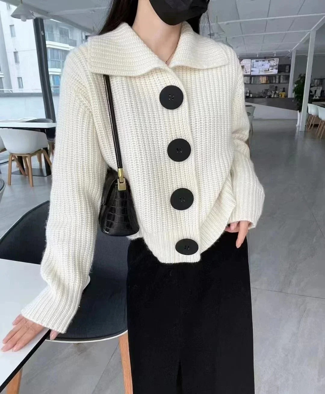 Women's Lined Wool Sweater with Reverse Collar and Button Detail