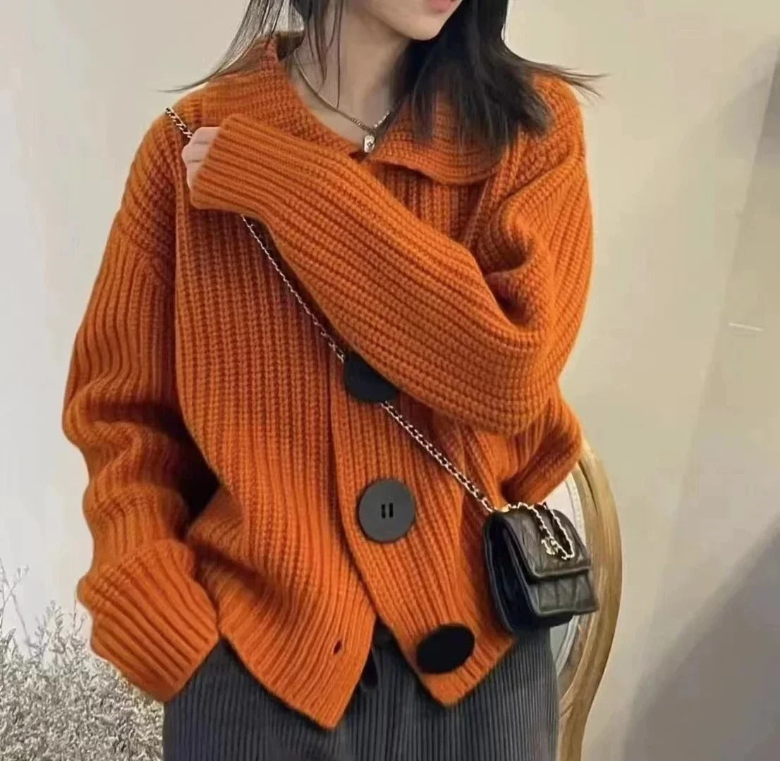 Women's Lined Wool Sweater with Reverse Collar and Button Detail