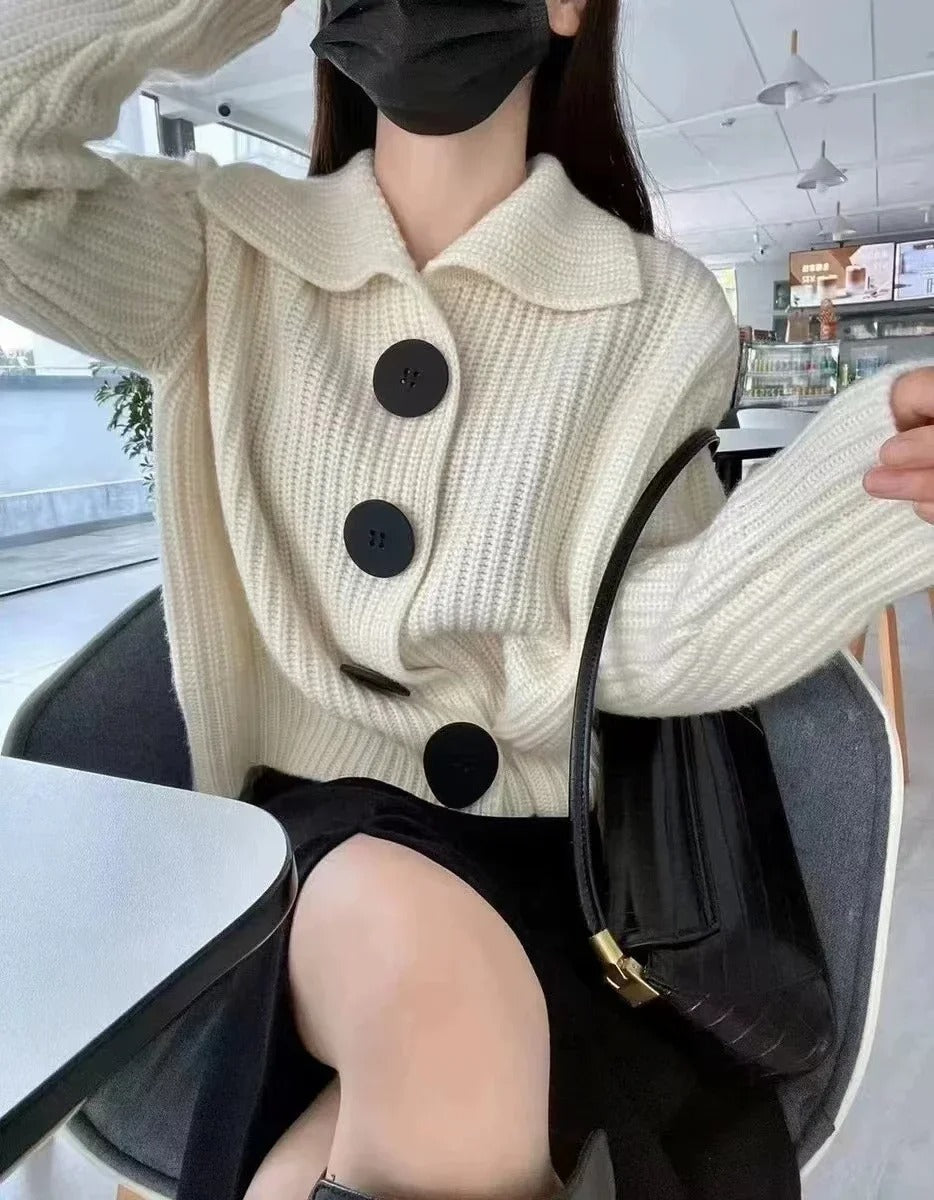 Women's Lined Wool Sweater with Reverse Collar and Button Detail